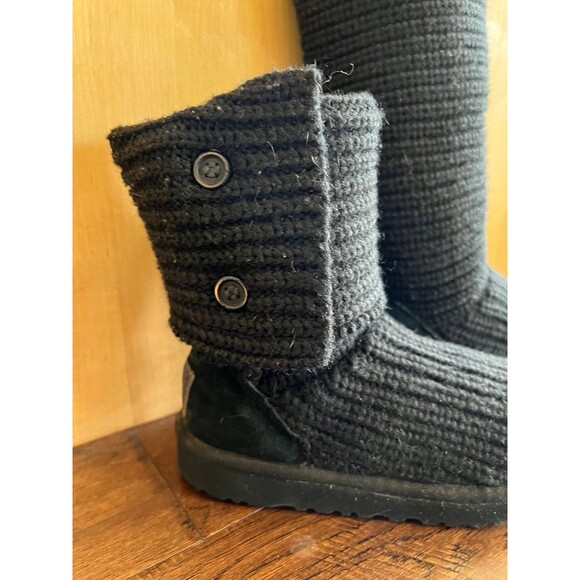 UGG Cardy Boots Girls US 1 Black Knit Sweater Cable - Picture 2 of 4